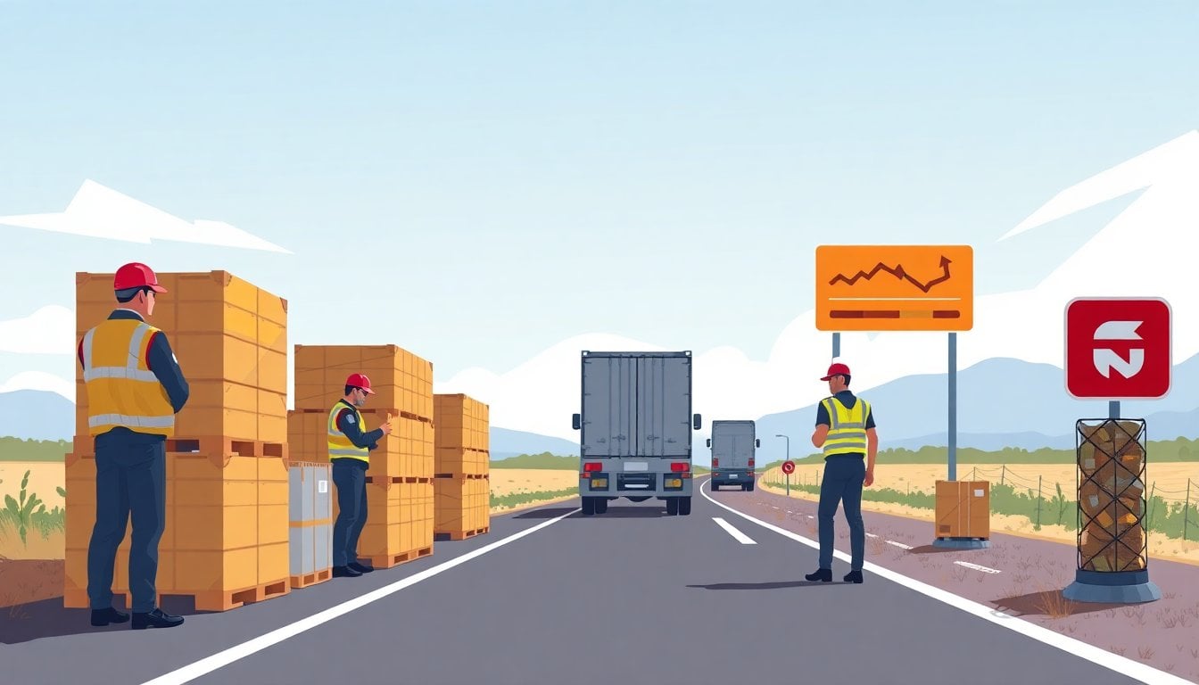 Argentine customs officers inspecting cargo pallets and boxes at a rural highway checkpoint, Ruta 14, Entre Rios province, daytime