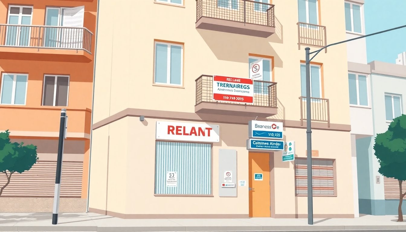 Buenos Aires apartment building exterior facade with rental signs, urban street level view, residential neighborhood, daylight