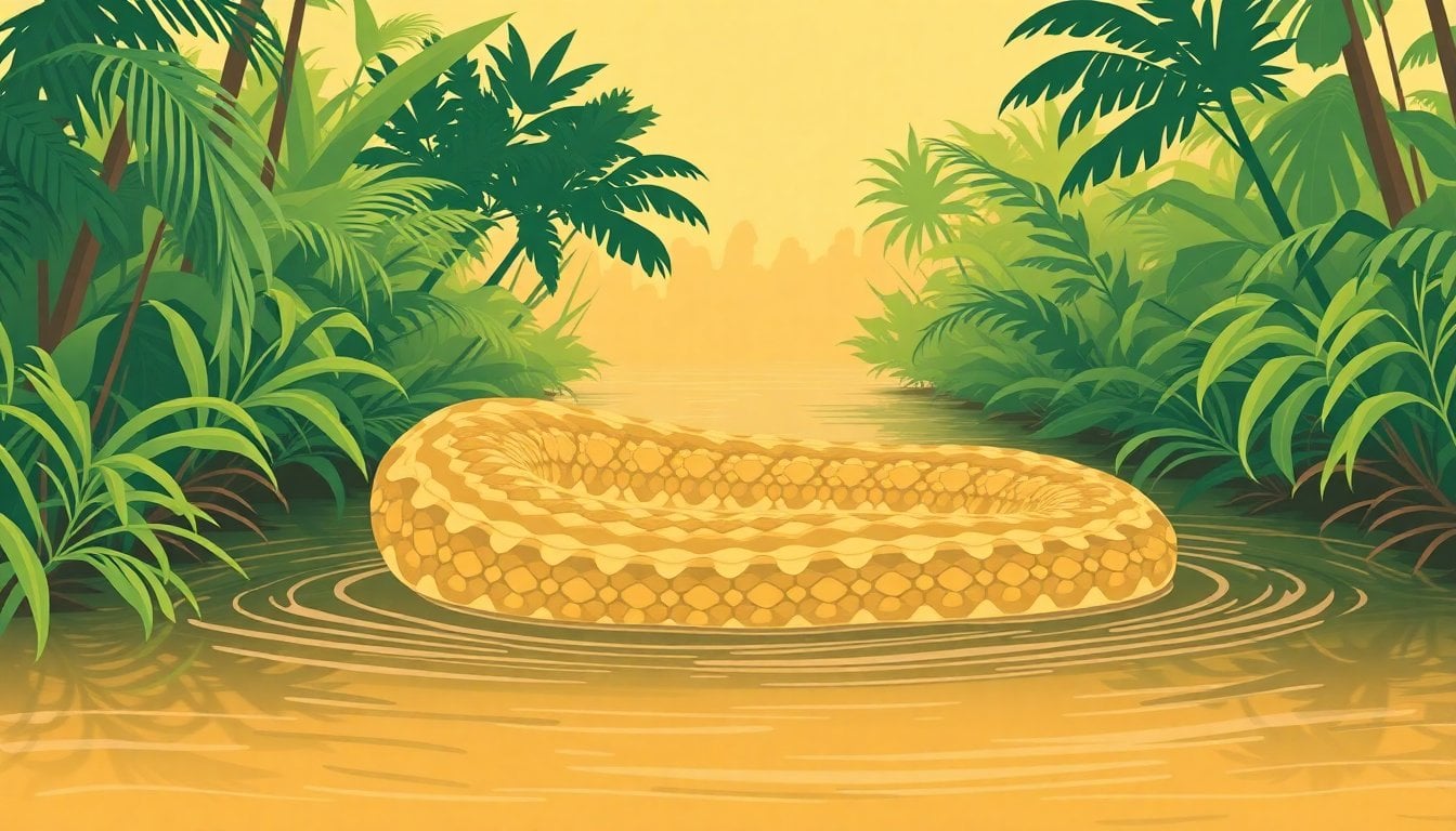 giant anaconda snake coiled in Amazon rainforest river shallow water, lush green vegetation, tropical environment, no people