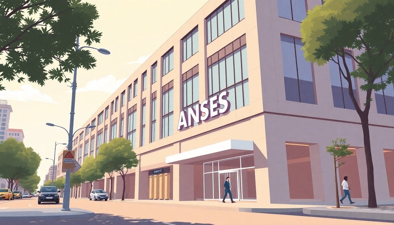 ANSES office building facade in Buenos Aires, modern government signage, daytime, no people in foreground
