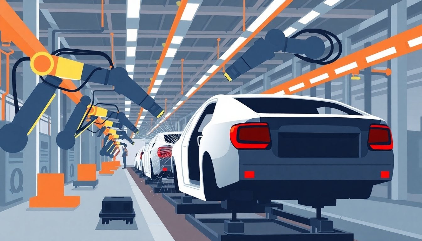 automobile assembly line in Latin America, robotic arms welding car frames, industrial plant interior, no workers in foreground