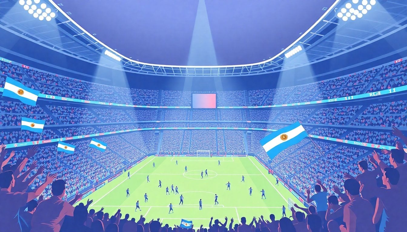 Argentina national football team fans celebrating in Mercedes-Benz Stadium Atlanta, blue and white flags, crowded stands, floodlights