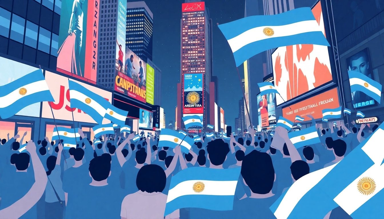 Times Square New York City at night with Argentine football fans waving flags, blue and white colors, crowd celebration atmosphere