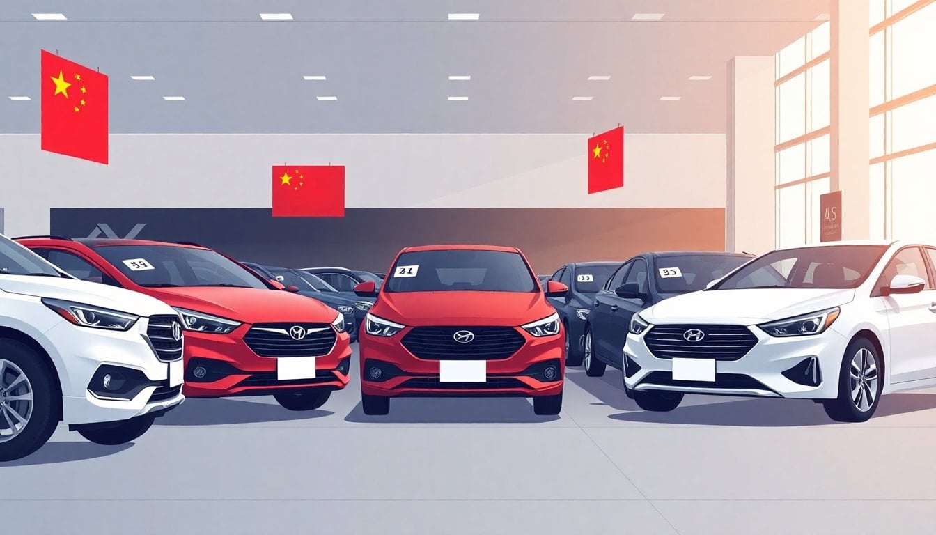 row of Chinese brand cars displayed at an Argentine dealership showroom, price tags visible, modern interior lighting, no people