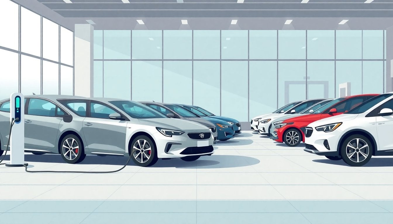 rows of electric and hybrid cars at a modern dealership showroom in Argentina, charging cables visible, glass facade, daylight, no people