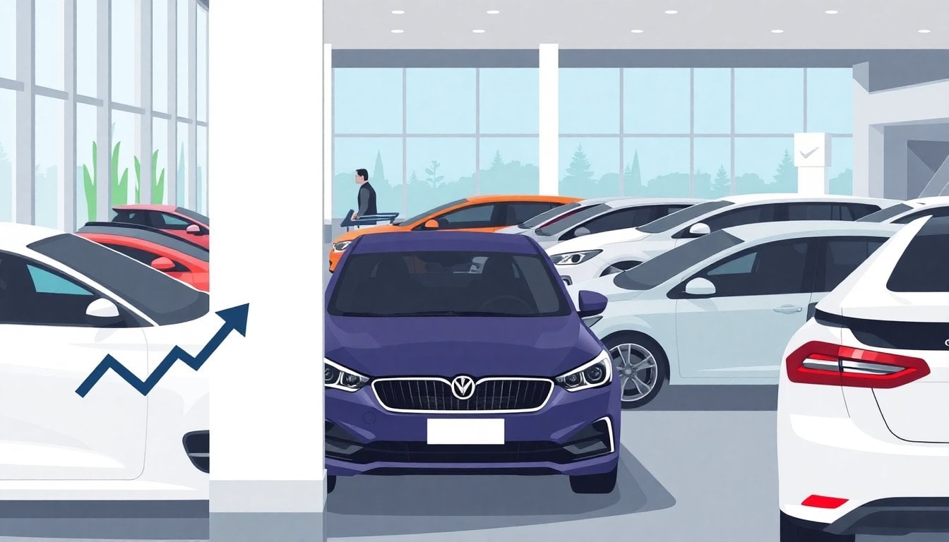 rows of new hybrid and electric cars at a modern Argentine dealership showroom, multiple models on display, glass facade, no people visible, daylight