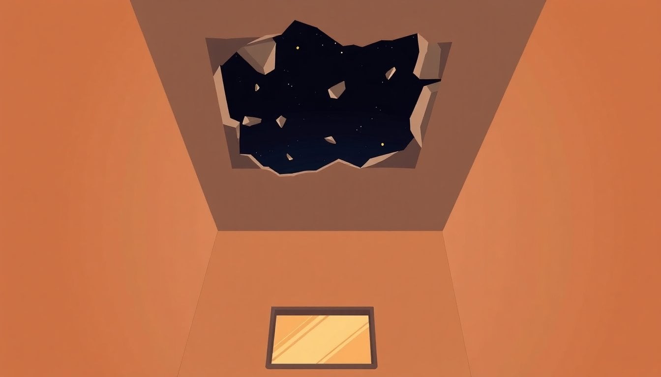 burglar hole in roof of commercial building, concrete debris, broken ceiling at night, no people visible