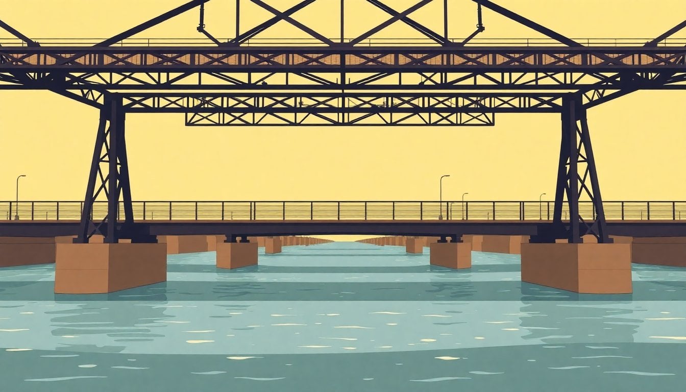 Zárate-Brazo Largo bridge over Paraná Guazú river, Entre Ríos Argentina, wide shot from below, steel structure, water below