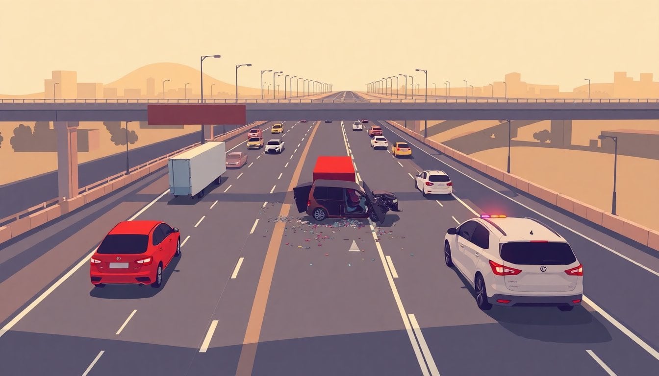 highway accident aftermath on Argentine Panamericana motorway, damaged vehicles on roadside, emergency lights, aerial or bridge perspective