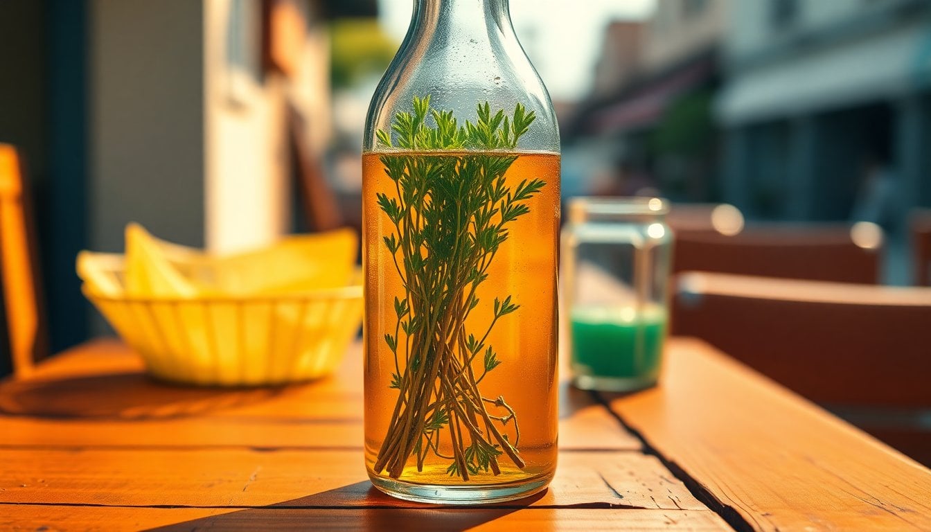 glass bottle of caña paraguaya with fresh ruda herb sprigs submerged, rustic wooden table, warm natural light, close-up macro