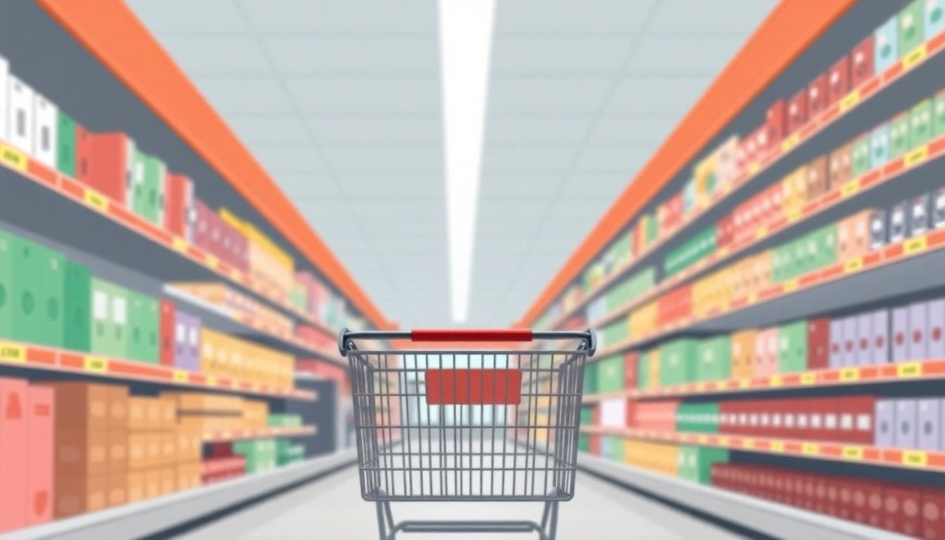 Argentine supermarket aisle with visible price tags on shelves, shopping cart in foreground, fluorescent lighting, no people in focus