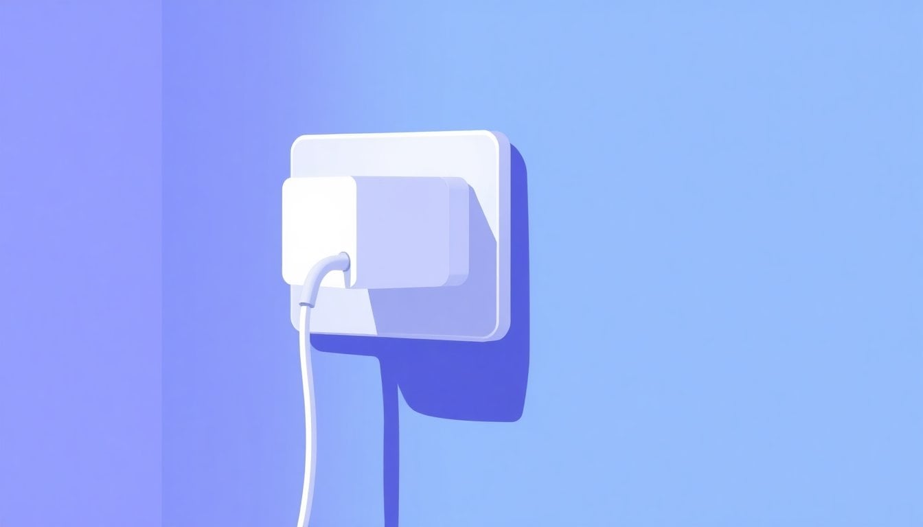 smartphone charger plugged into wall outlet with no device connected, close-up of white adapter and cable, modern Argentine apartment wall, daylight