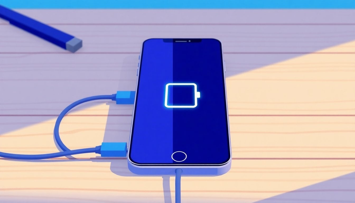 smartphone plugged into charger on wooden desk, cable close-up, battery icon visible on screen, soft natural light, no people