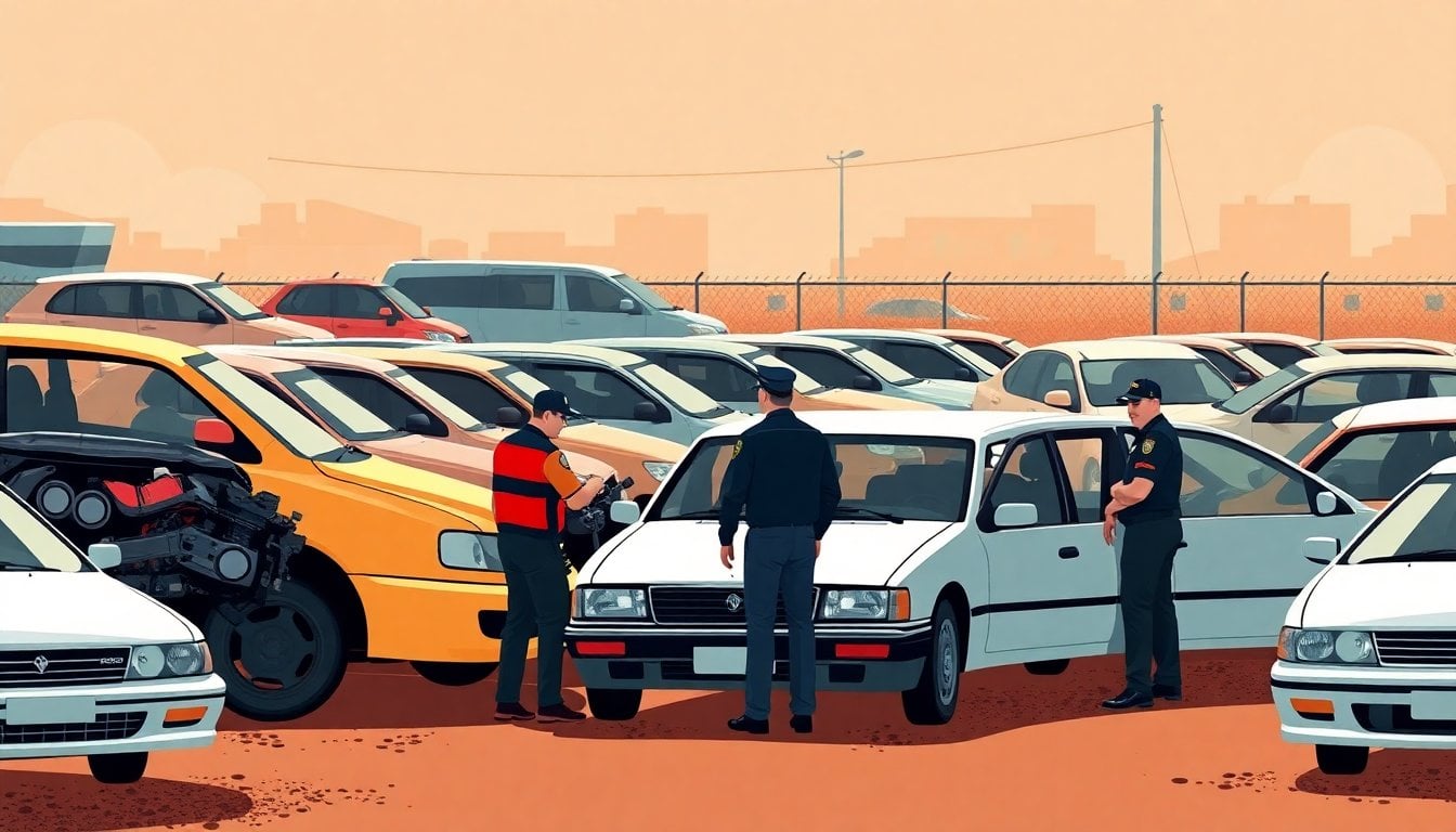police operation at illegal car dismantling yard in Buenos Aires province, seized vehicles lined up, officers inspecting stripped cars, outdoor yard