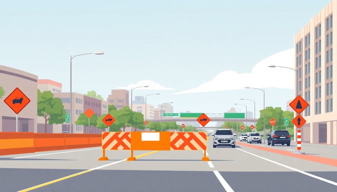 avenida Cantilo Buenos Aires colectora construction road closure barriers and orange signs, urban highway, daytime, no people