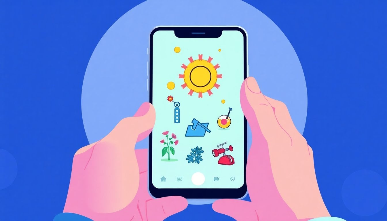 smartphone screen displaying AI-generated colorful illustrations in Gemini app, close-up on hands holding phone, soft natural light