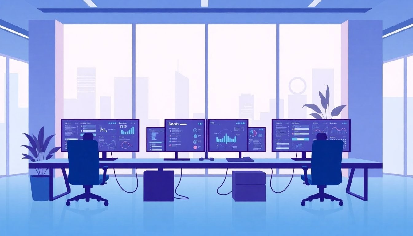 modern tech startup office in Buenos Aires with computers showing software dashboards, open plan workspace, natural light through large windows, no people visible