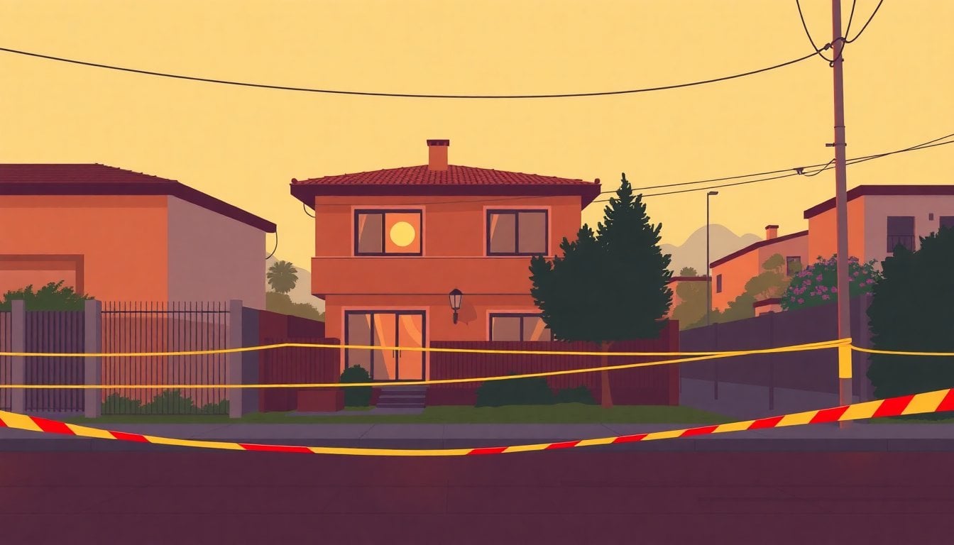police tape in front of a residential house in Argentine neighborhood at dawn, empty street, no people visible