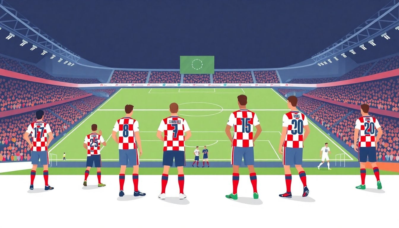 Croatian national football team players looking dejected on pitch after final whistle, stadium crowd background, World Cup 2026