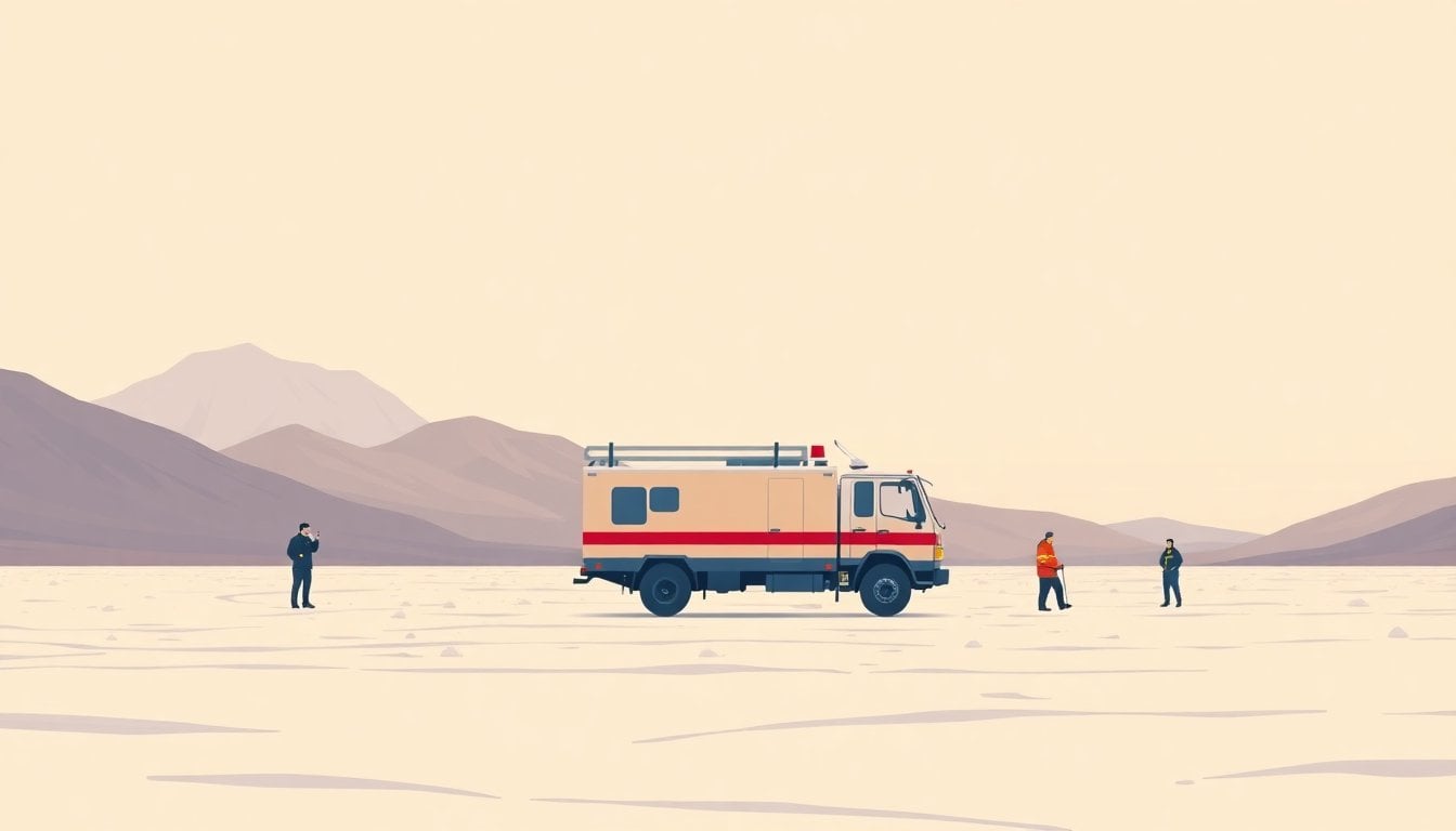 snow-covered high altitude salt flat in Puna region of Catamarca Argentina, rescue truck and emergency personnel in mountain landscape, overcast sky