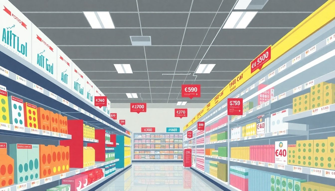 Argentine supermarket aisle with price tags and promotional discount signs on shelves, wide shot, no people in foreground, fluorescent lighting