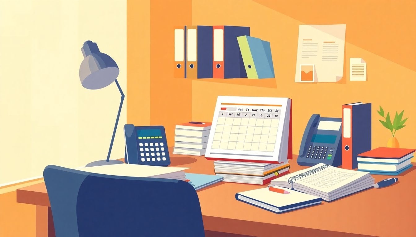 office desk with organized files, calendar, telephone and notebook, modern workplace, natural light, no people visible