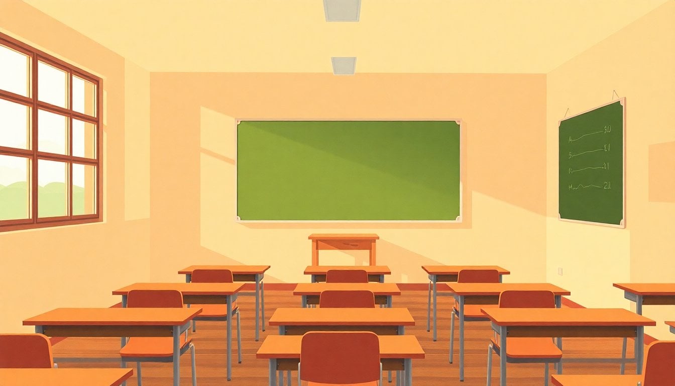 Argentine primary school classroom with empty desks and blackboard, natural light through windows, no people visible, Buenos Aires