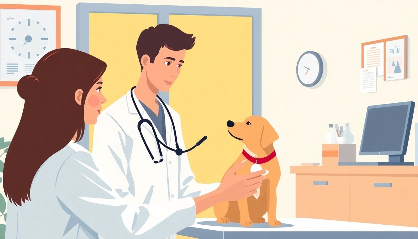 veterinarian examining dog at clinic, stethoscope, bright examination room, no human face in focus