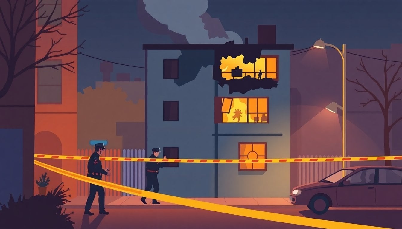 police investigation scene at night, burned building facade in La Plata Argentina, fire damage on residential structure, yellow tape perimeter