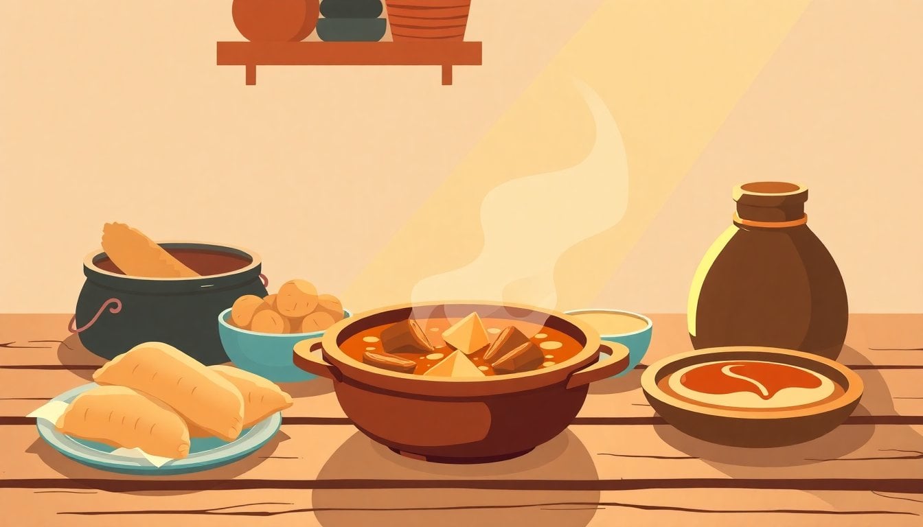 traditional Argentine locro stew in clay pot surrounded by empanadas and flan on rustic wooden table, warm light, no people