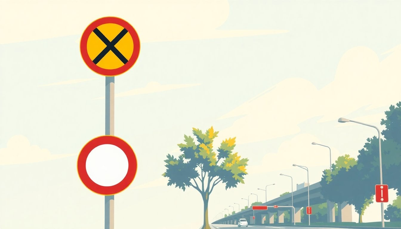 Argentine road traffic signs on a highway pole, yellow warning cross sign and red regulatory circle sign, daylight, roadside view