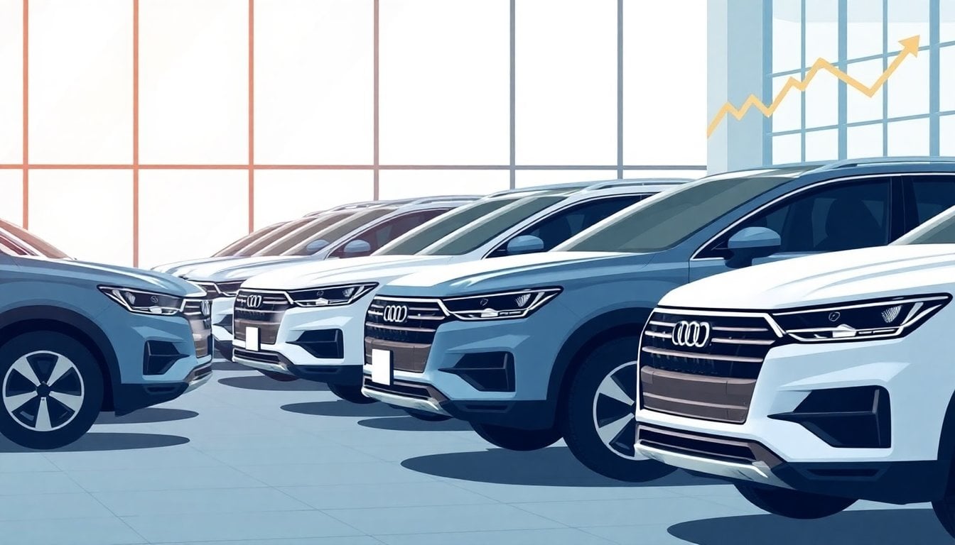 rows of new SUV crossover vehicles at a modern Argentine car dealership showroom, glass facade, daylight, no people