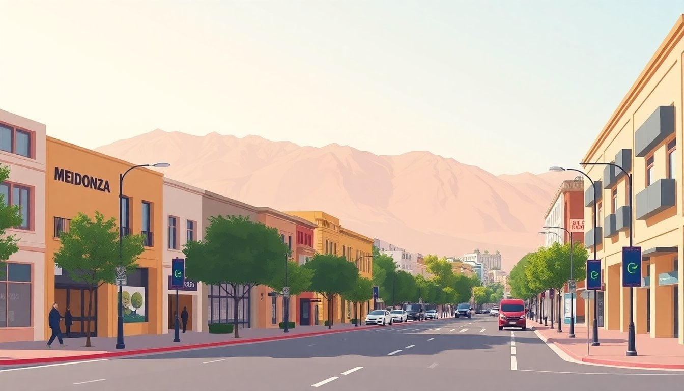 Mendoza Argentina city street with Andes mountains in background, urban architecture, daytime wide shot, no people in foreground