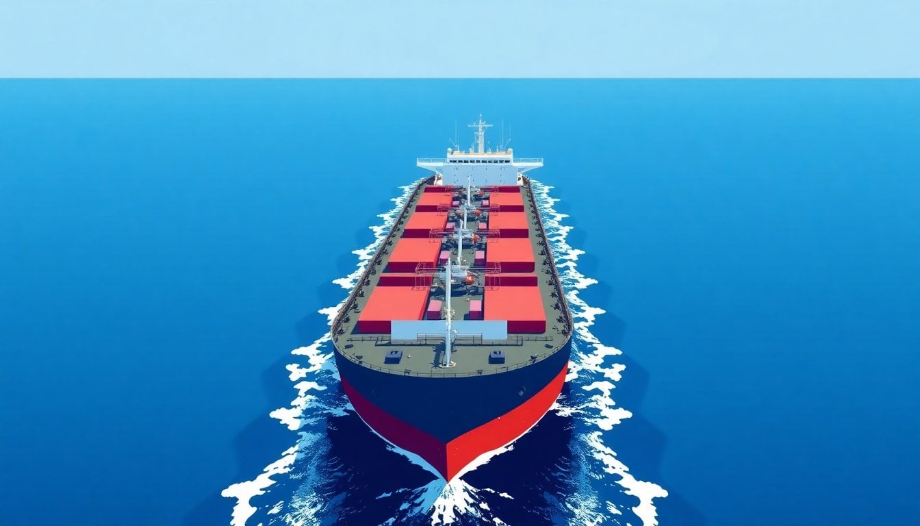oil tanker passing through Strait of Hormuz, aerial view, blue water, clear sky, no people visible