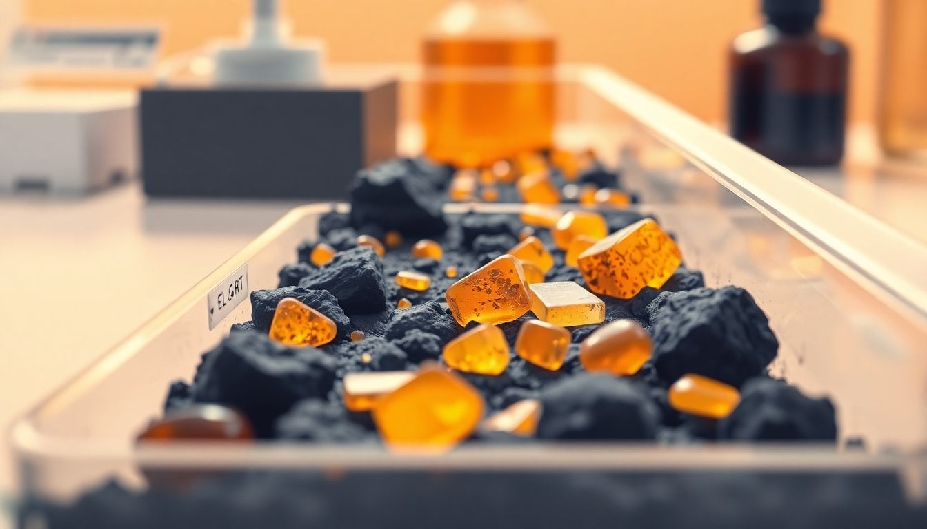 microscopic amber fragments embedded in coal matrix, paleontology laboratory close-up, scientific specimen tray, shallow depth of field