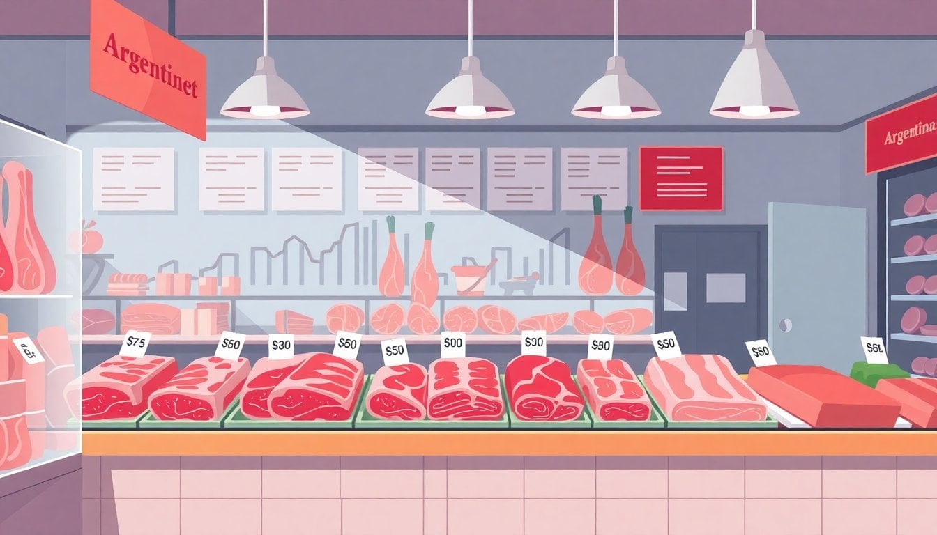 butcher shop counter with Argentine beef cuts on display, price tags visible, Cordoba market interior, natural light
