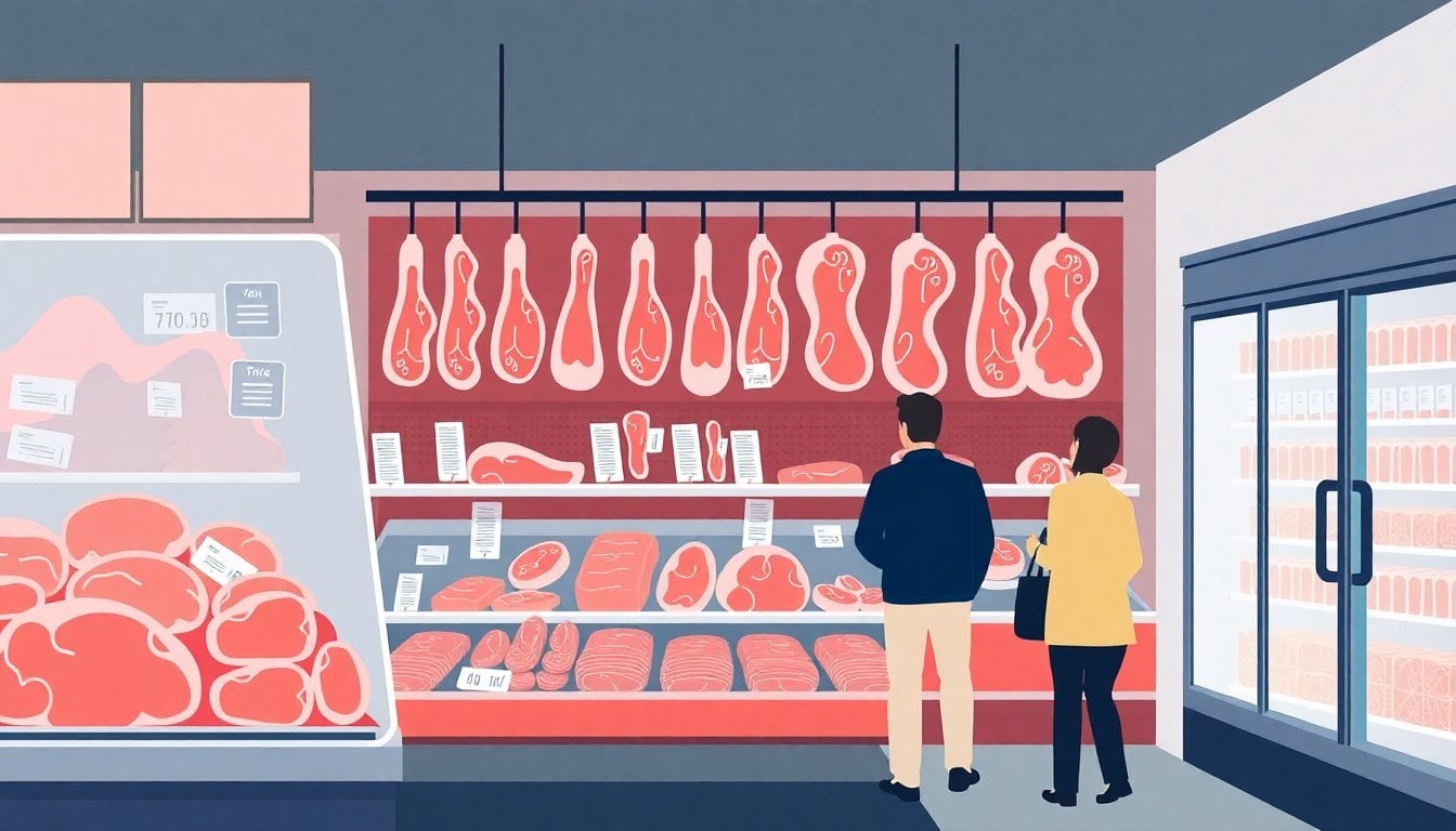 Argentine butcher shop display case with cuts of beef, price tags visible, refrigerated counter, few customers, Buenos Aires