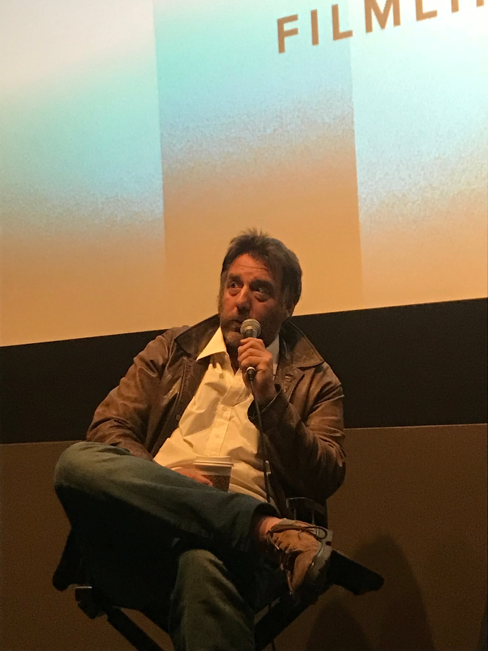 The Argentinian film director Mariano Llinás at a Q&A during the New York Film Festival in 2018. The Q&A was before the third part of a screening of his film, La Flor.