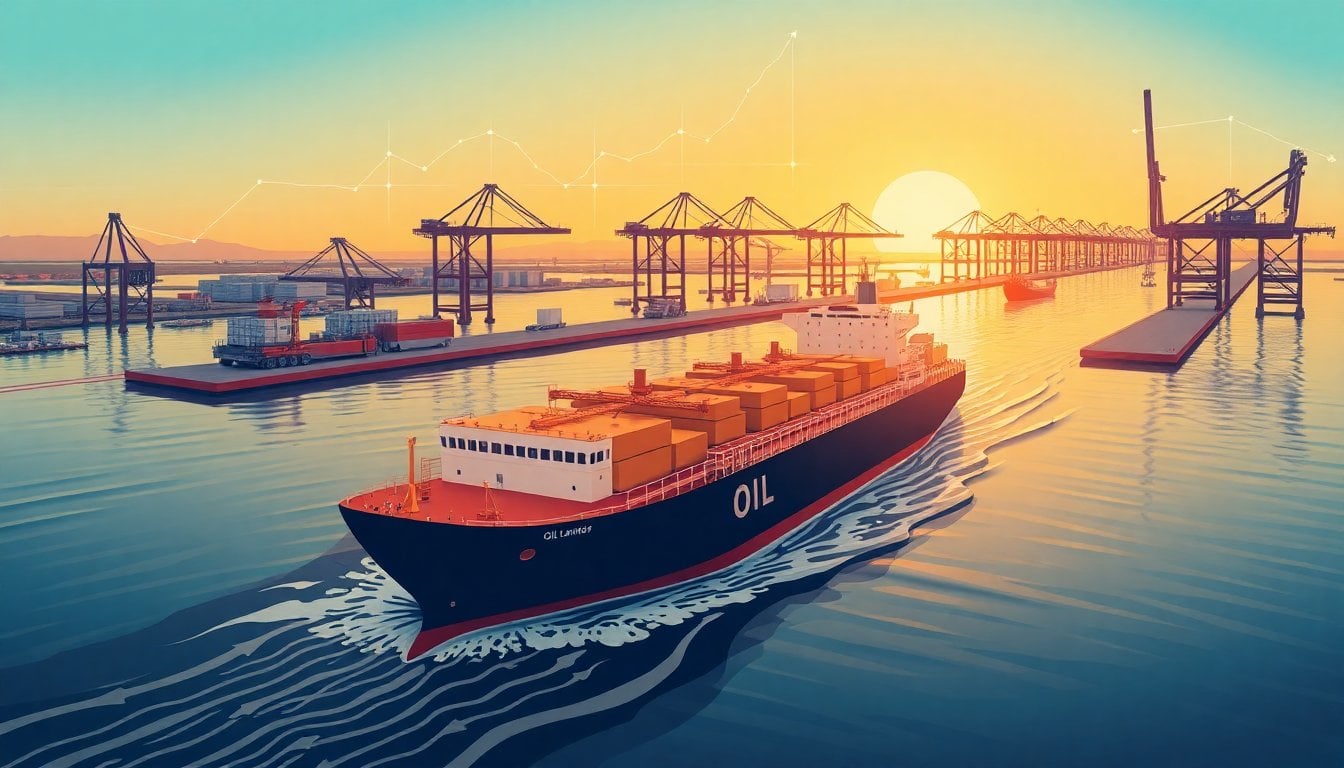 oil tanker ship passing through narrow strait with industrial port infrastructure in background, aerial view, golden hour light