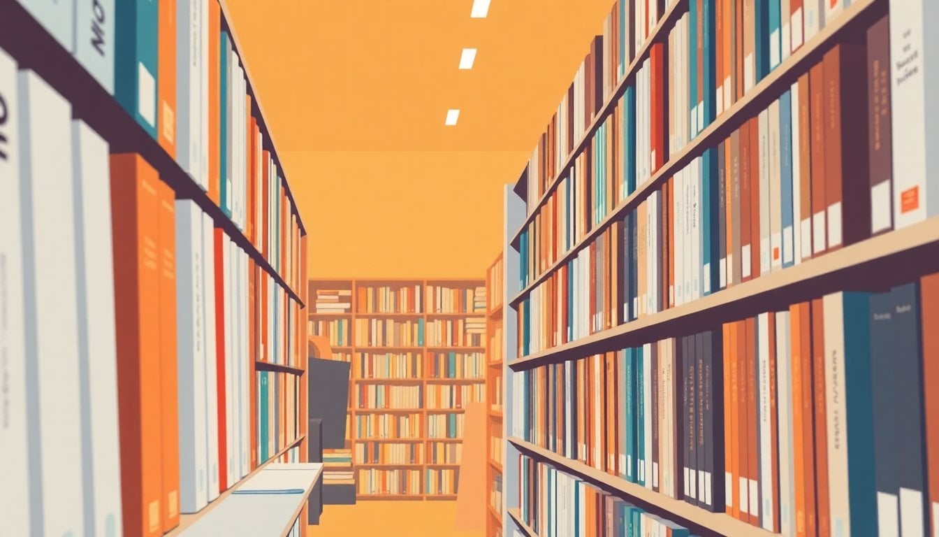 rows of books on shelves inside a modern cultural bookstore in Buenos Aires, warm interior lighting, no people visible, close-up of spines