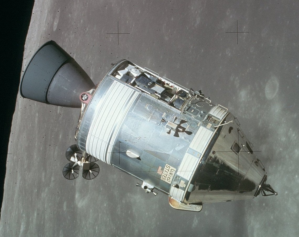 The Apollo 15 Service Module as viewed from the Apollo Lunar Module. Image has been cropped and rotated.
