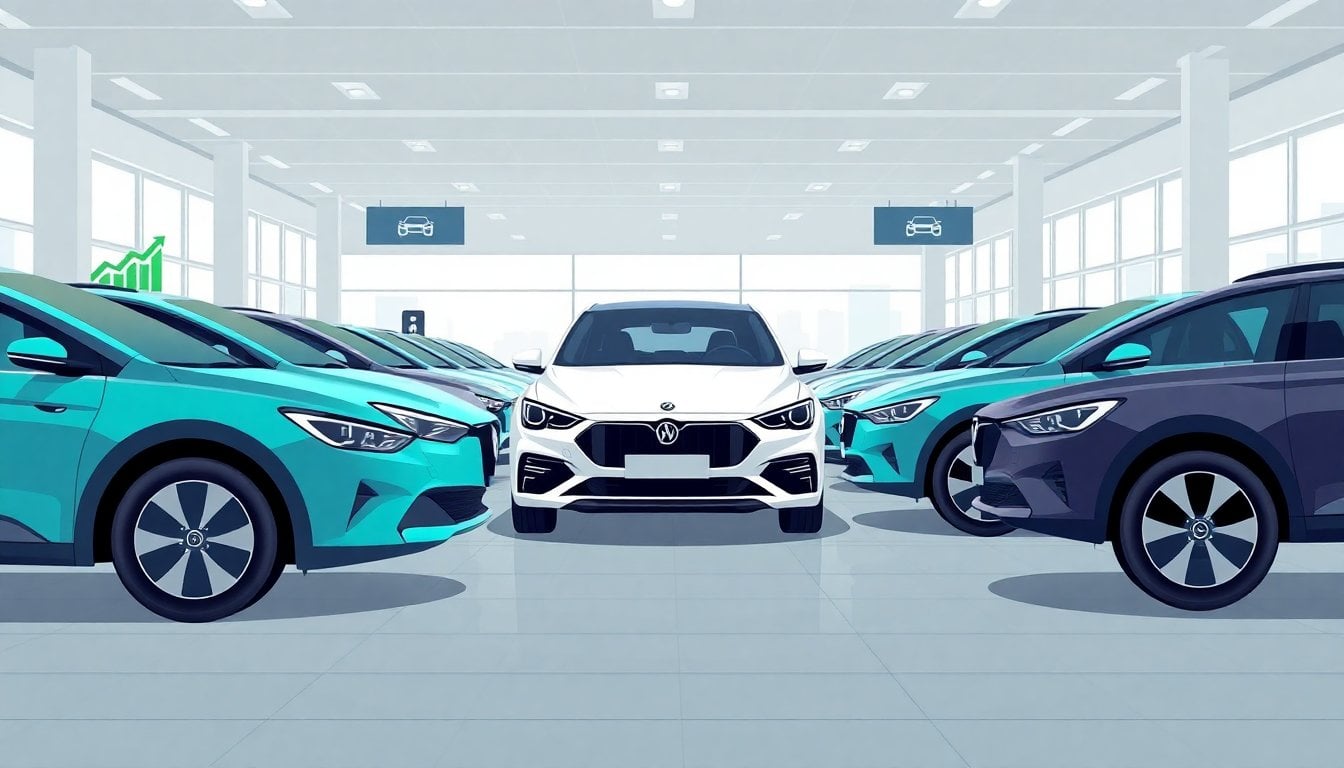 rows of hybrid and electric cars at a modern dealership showroom in Argentina, charging stations visible, no people, daylight interior