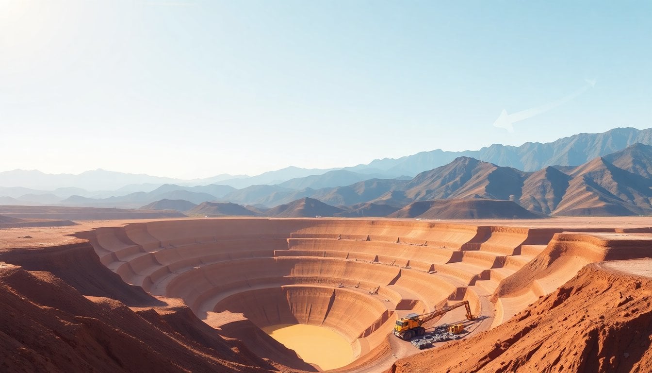 open pit copper gold mine in San Juan Argentina, Andes mountains backdrop, mining equipment and terraced walls, aerial perspective, natural light