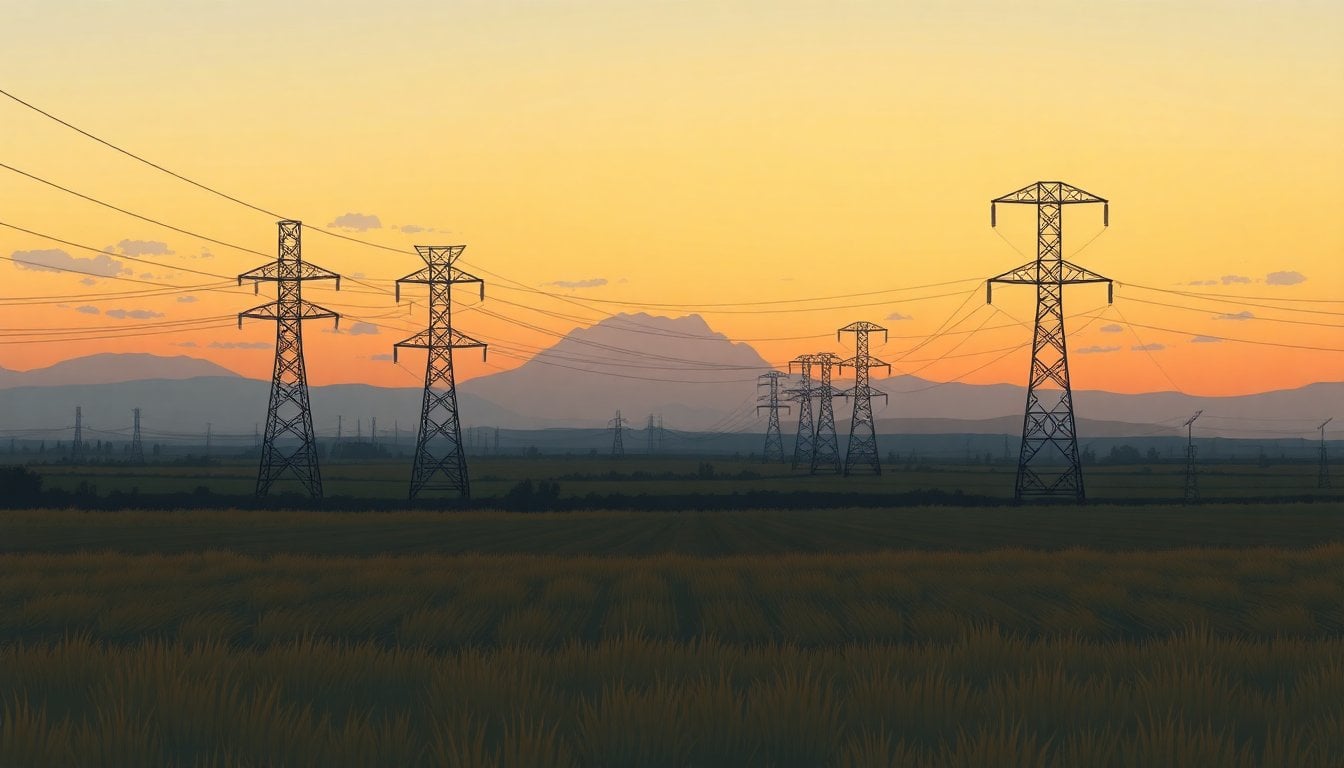 electrical power lines and transmission towers at dusk over Argentine countryside, wide angle, no people visible