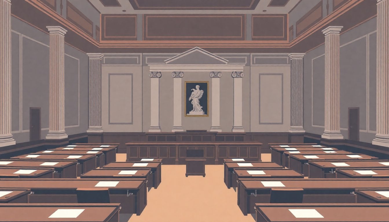 Argentine Senate chamber interior, empty seats and wooden desks, classical architecture columns, Buenos Aires