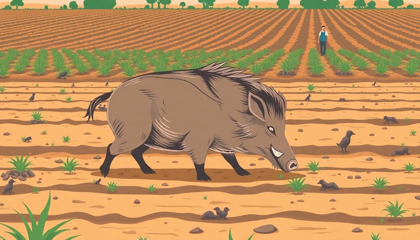wild boar foraging in Argentine agricultural field, muddy soil, crop rows damaged in background, no people, natural daylight