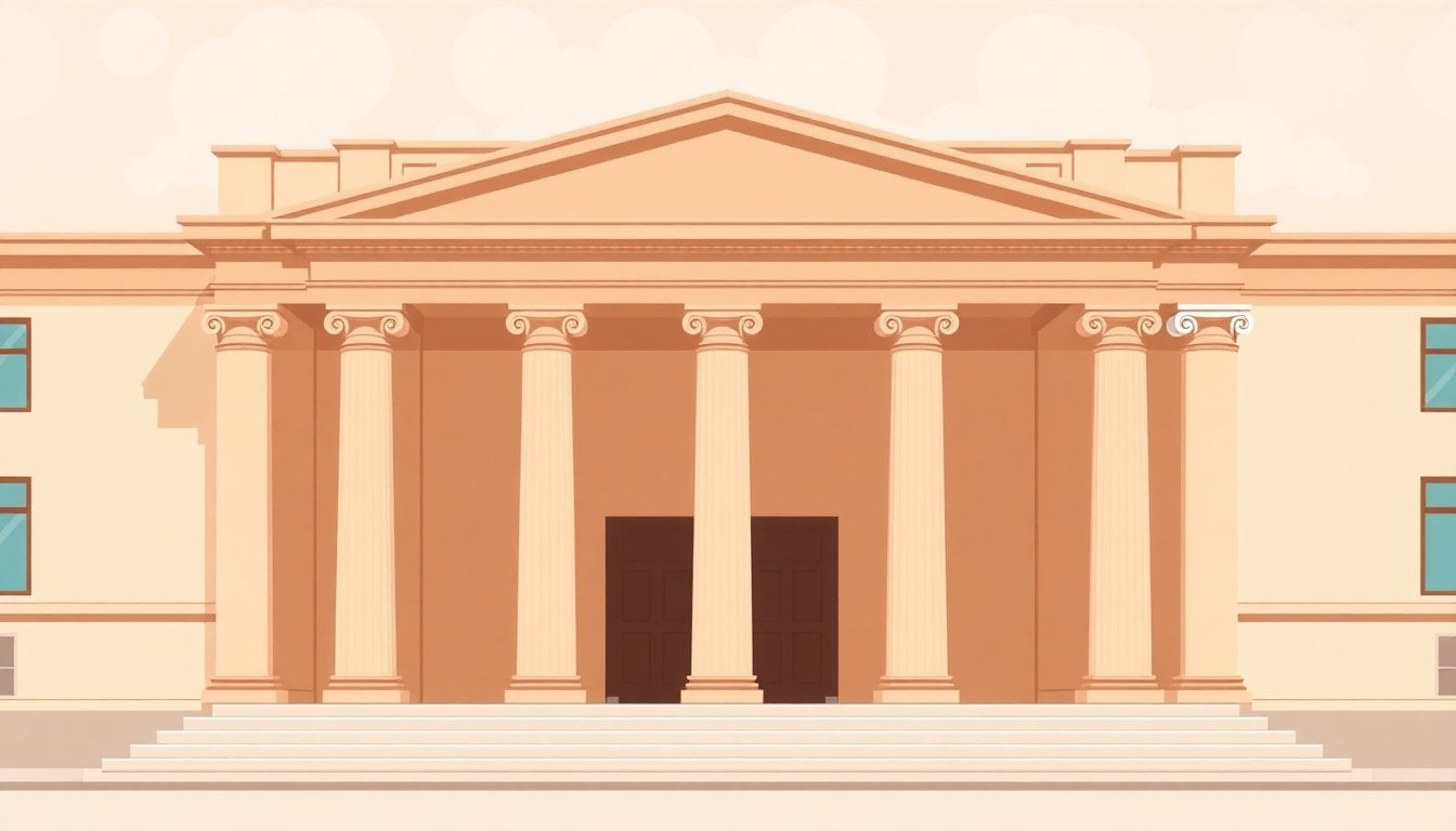 Argentine court building exterior facade, justice palace columns, Buenos Aires, daylight, no people