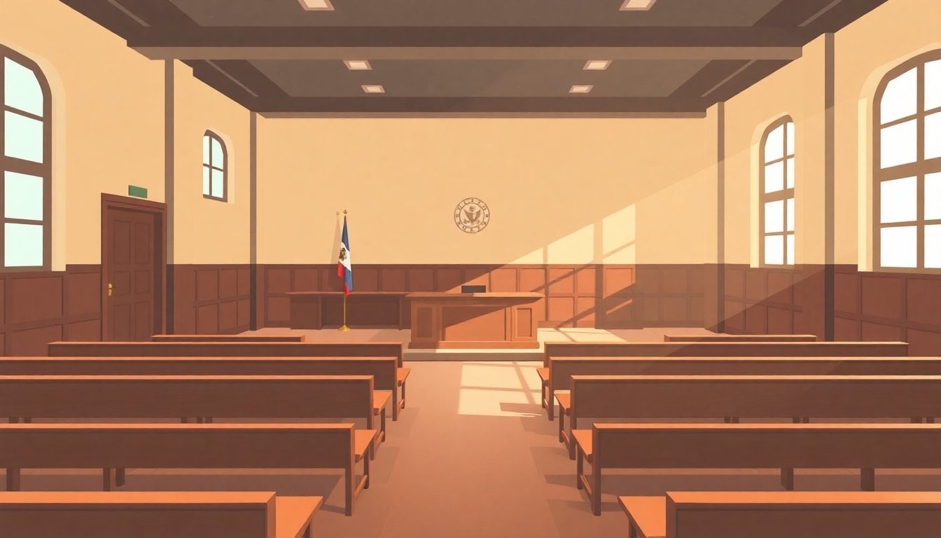 empty Argentine courtroom with wooden benches and judicial bench, natural light through windows, no people