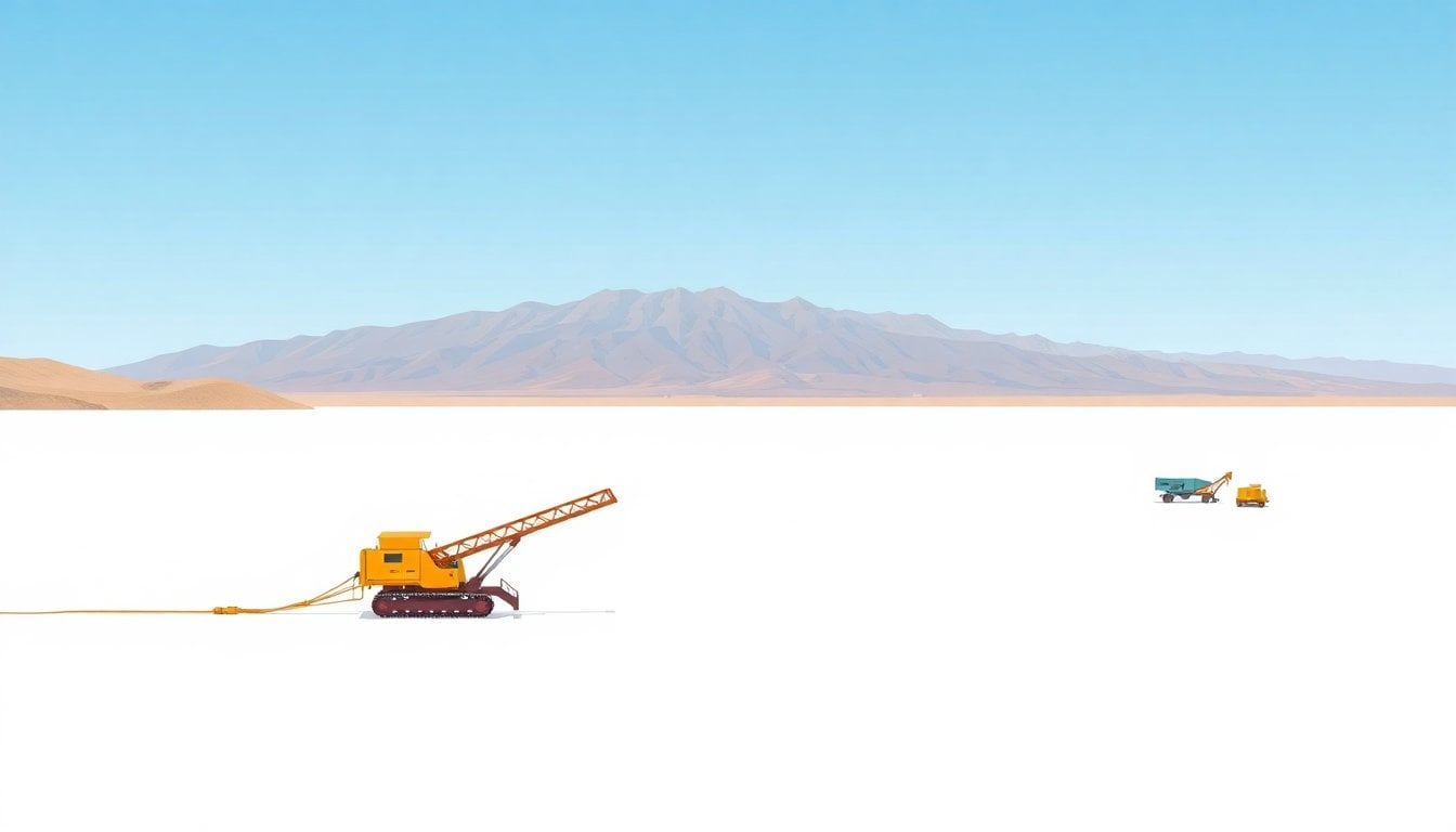 lithium salt flat mining operation in Argentine puna, white salt crust with extraction machinery, mountain backdrop, bright daylight