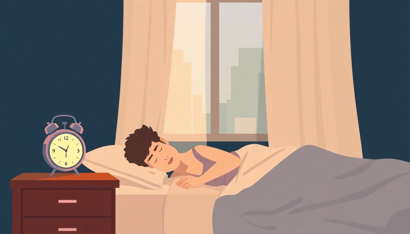 person sleeping peacefully in a dark bedroom, alarm clock on nightstand showing 5:00 AM, soft morning light through curtains